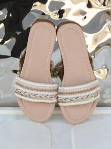 2025夏季新款女童亮片人字拖，平底，休闲，透气，轻便，舒适沙滩拖鞋 - 米色 - 查看 5