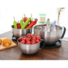 Stainless Steel Non-Slip Mixing Bowls With Pour Spout, Handle And Lid, Set Of 3, Black