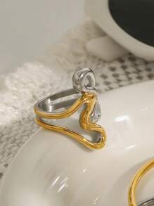 极简主义不锈钢线环双色不对称爱心戒指镂空女士可叠戴戒指派对礼物，女士日常派对配饰，时尚珠宝，最佳朋友礼物 - 金色 - 查看 11