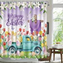 Easter Bunny Shower Curtain Spring Tulip Flower Truck Shower Curtain For Bathroom Easter Rabbits Cross Shower Curtain Happy Easter Bathtub Decor Home Bathroom Decor Bathroom Accessories Back To School