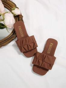 儿童时尚户外拖鞋，方头平底鞋，一体式凉鞋，新款时尚优雅简约欧美女童鞋，高端沙滩拖鞋 - 棕色 - 查看 5