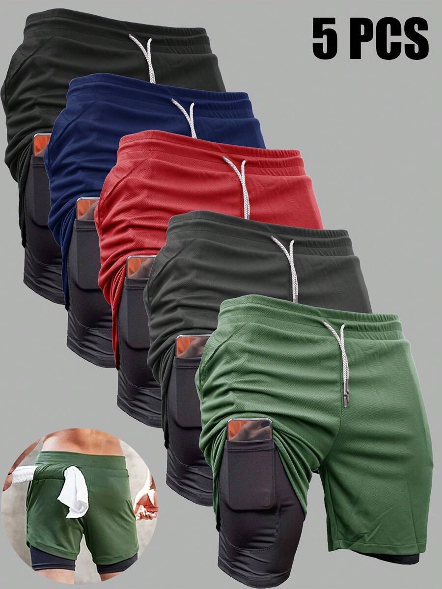 5pcs Men's 2-In-1 Double Layer Shorts With Inner Pockets - High Stretch, Quick-Dry & Breathable Sports Shorts For Gym, Fitness, Outdoor Activities - Black, Blue, Red, Green, White - Lightweight & Comfortable For Summer Workouts, Gym Apparel | Zipper Pocket Shorts | Stretchable Fabric, Perfect For Outdoor - Mixed Colors - View 1