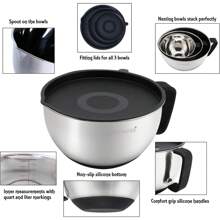 Stainless Steel Non-Slip Mixing Bowls With Pour Spout, Handle And Lid, Set Of 3, Black