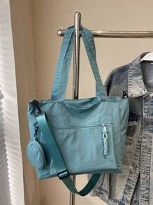 Bolso de tote de gran capacidad unisex con monedero 1 pieza, nuevo estilo coreano de estudiante de universidad y escuela secundaria, bolso casual, bolso bandolera, bolso de lona, bolso cruzado, bolso para mujer con bolsita, bolso escolar para compras, vacaciones, bolso de tote de moda con cremallera, bolso de tote escolar grande, con múltiples compartimentos, perfecto para la playa, la escuela, el trabajo y el uso diario