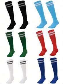 6 Pairs Teenage Team Sports Over-The-Knee Socks, Children Football Socks, Solid Color & Stripe Knee-High Sports Socks For 8-12 Years Old Boys And Girls