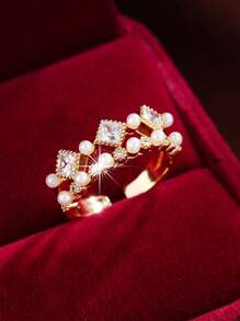 1pc Fashion Faux Pearl Micro-Paved Cubic Zirconia Ring, Open-Ended Ring, Minimalist European & American Style