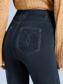 Leggings casuais de efeito Denim para mulheres na primavera/outono, cintura alta elástica, ajuste slim, com bolsos falsos, confortável e versátil para fitness, corrida, exterior, rua, agachamentos profundos, ioga - Azul