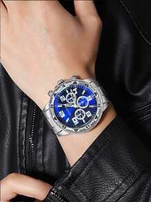 High-End Business Oversized Dial Triple Eye Steel Bracelet Watch, Blue Tinted Glass, Round Dial, Ideal Gift For Men