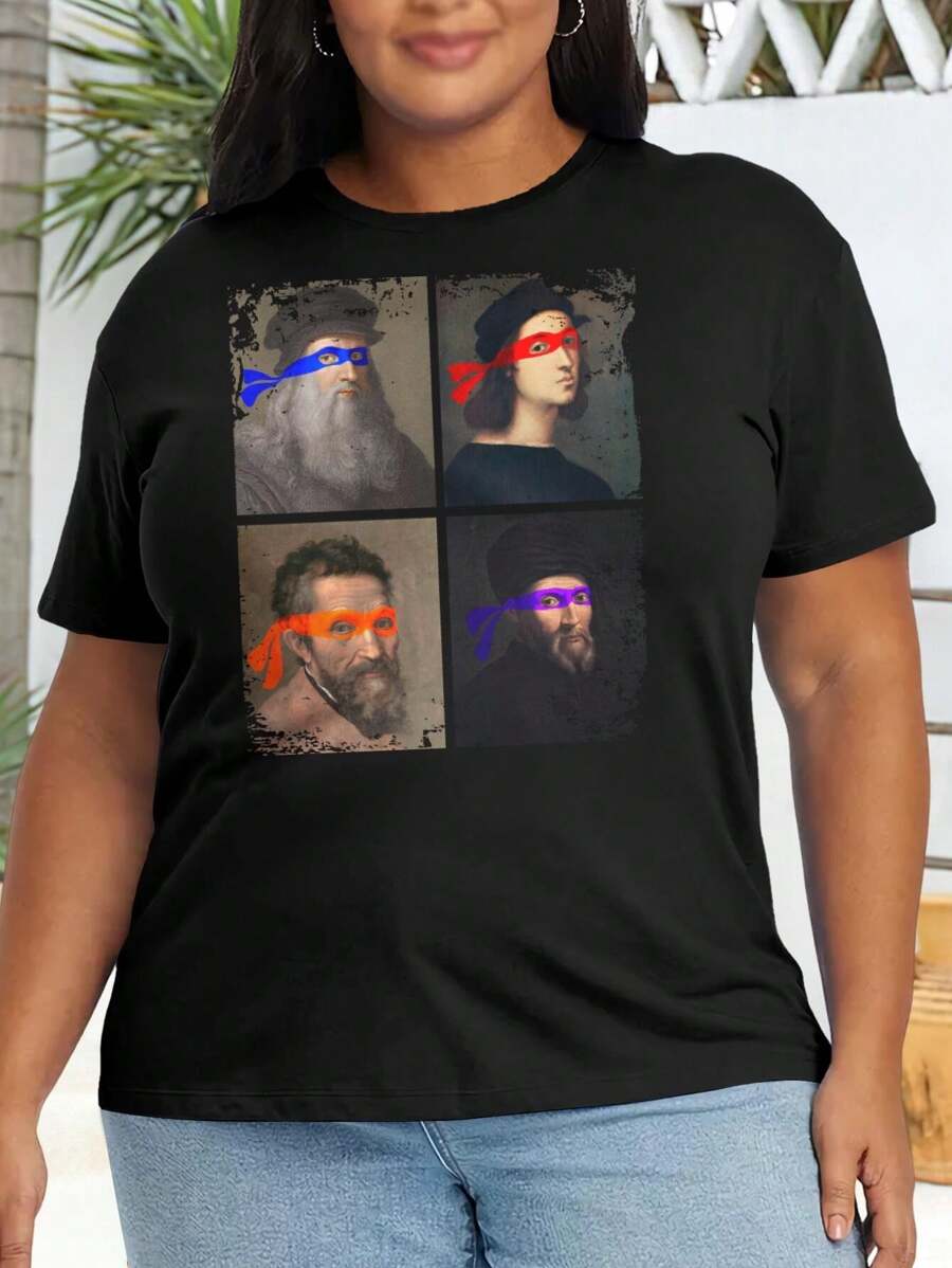 Classic Turtle (Grunge Edge) Renaissance Da Vinci Donatello Oversize Women T-Shirt For Ladies (Large) - Black - View 1