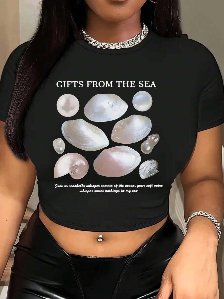 Graphic Print Cropped T-Shirt, Y2K Spring And Summer Short-Sleeved Cropped Top, Women's Tops