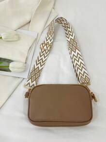 迷你简约纯素斜挎包，时尚PU单肩包，女士休闲手提包兼钱包，宽肩带女士钱包 - 卡其色 - 查看 8