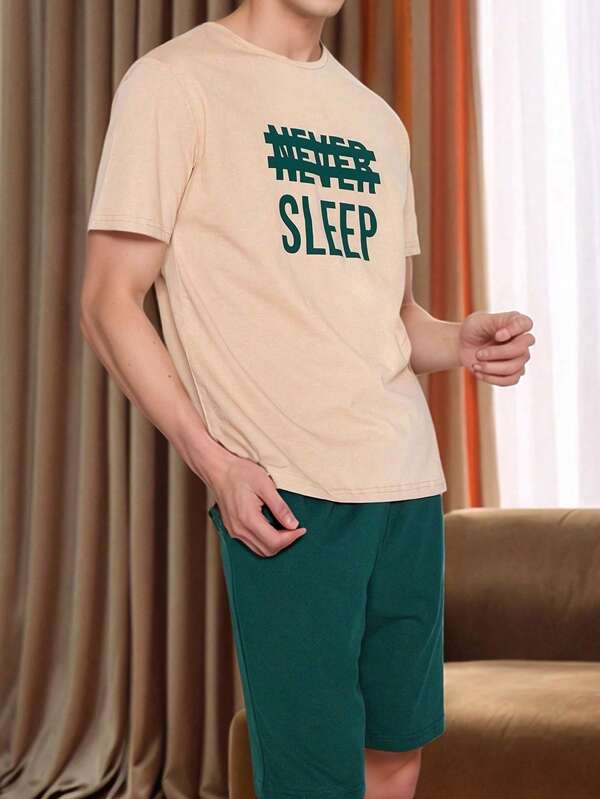 2pcs Men's Letter Print Pajama Set, Short Sleeve Shirt & Shorts, Summer Sleepwear Set
