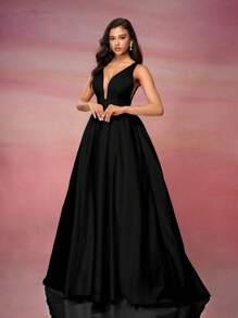 Satin V-Neck A-Line Hem Wedding Dress,Bride - Black - View 1