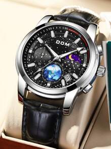 DOM 1 件男士时尚夜光星空多功能计时码表日历防水石英皮革手表