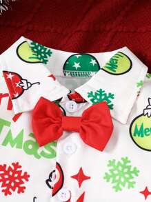 Conjunto de 2 piezas de ropa navideña para bebé niño pequeño, con pajarita, gorro de Papá Noel, estampado de bola y hombre de jengibre, camisa de manga larga con botones y tirantes - Rojo - Ver 4