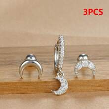 3pcs/Set Boucles d'oreilles pendentif étoile & lune plaquées or 18K, style femme, incrustées de zirconium cubique, boucles d'oreilles à tige en cuivre et acier inoxydable, boucles d'oreilles à vis, bijoux de perçage du cartilage - Ensemble de boucles d'oreilles 3 pièces - Voir 15