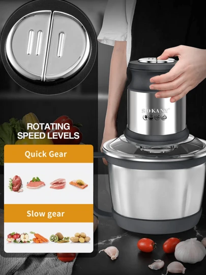  SOKANY 7027 电动绞肉机，电动绞肉机 3L 不锈钢肉类搅拌机食物切碎机，适用于肉类、蔬菜、水果和坚果，配有 4 个锋利刀片。