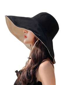 Sonnenhut für Damen mit breiter Krempe, wendbarer schwarzer Hut im koreanischen Stil, lässiger, eleganter Sonnenschutz-Fischerhut aus Polyester für die Mode, Frühling/Sommer