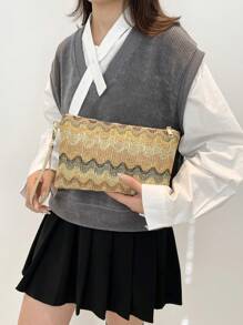 Fashionable Spring/Summer New Multi-Purpose Woven Envelope Bag, Casual Color Block Wave Pattern Handbag - Multicolor - View 6