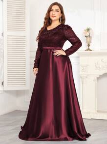 hezixi This Stretchy Sequin V-Neck Dress Features A Fitted Silhouette And Mermaid Hem Design, Available In A Full Size Range. The Simple Yet Elegant Style Exudes A Luxurious Aesthetic. Suitable For Various Occasions Such As Parties, Graduations, Weddings, Events, Galas, And Balls. Can Be Worn As A Formal Evening Gown, Party Dress, Wedding Guest Dress, Or Ball Gown. - Burgundy - View 4