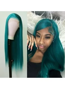 深绿色直发蕾丝额头假发，合成材料，13x4尺寸，长款，丝滑柔顺直发，耐热纤维，免胶额头蕾丝替换假发，预梳理，带婴儿发，自然发际线，24英寸高清透明蕾丝，女士礼物 - 綠色 - 查看 1