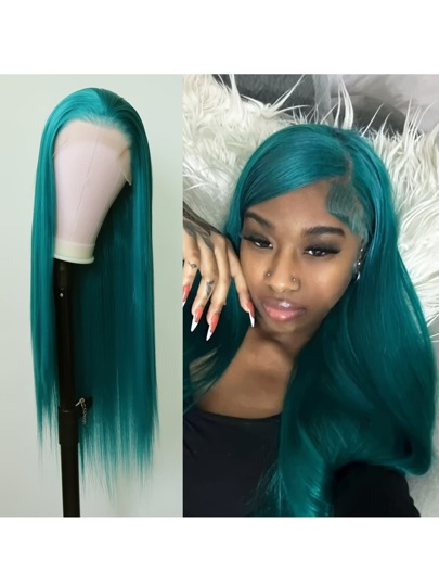Dark Green Straight Hair Lace Forehead Wig, Synthetic Material, 13x4 Size, Long Style, Silky Smooth And Straight, Heat-Resistant Fiber, Glue-Free Forehead Lace Replacement Wig, Pre-Combed, With Baby Hair, Natural Hairline, 24-Inch High-Definition Transparent Lace, Women's Gift