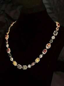 Vintage Luxury Chunky Cubic Zirconia Square Necklace, Elegant Palace Style Exaggerated Unisex Collar Necklace