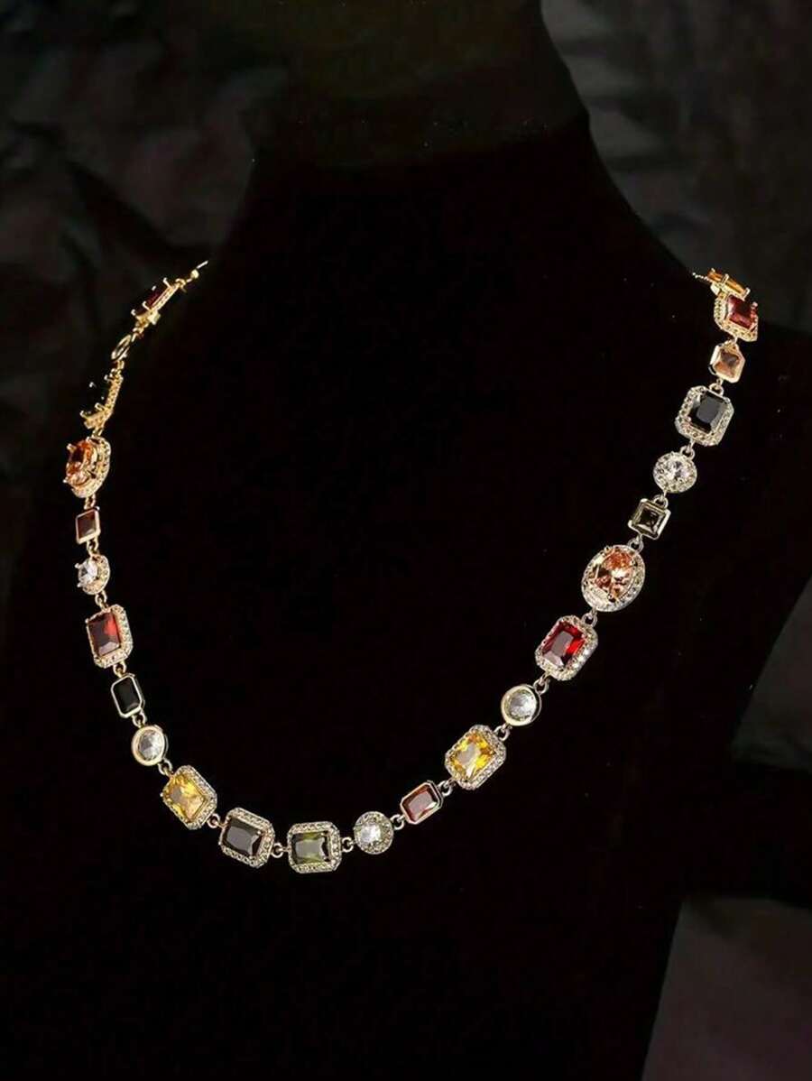 Vintage Luxury Chunky Cubic Zirconia Square Necklace, Elegant Palace Style Exaggerated Unisex Collar Necklace