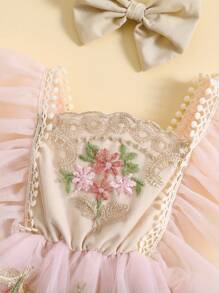 Conjunto de niña recién nacida, mono con mangas abullonadas y bordado de flores con diadema con lazo, ropa de verano - Rosa - Ver 5
