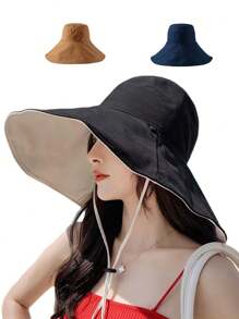Sonnenhut für Damen mit breiter Krempe, wendbarer schwarzer Hut im koreanischen Stil, lässiger, eleganter Sonnenschutz-Fischerhut aus Polyester für die Mode, Frühling/Sommer