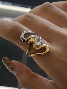 极简主义不锈钢线环双色不对称爱心戒指镂空女士可叠戴戒指派对礼物，女士日常派对配饰，时尚珠宝，最佳朋友礼物 - 金色 - 查看 1
