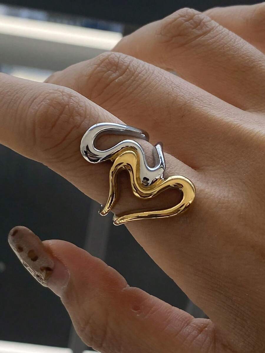 极简主义不锈钢线环双色不对称爱心戒指镂空女士可叠戴戒指派对礼物，女士日常派对配饰，时尚珠宝，最佳朋友礼物 - 金色 - 查看 1
