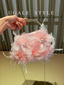 Bolsa transversal Pleated Cloud para mulheres, Clutches de Festa, Bolsas de Seda Pregueada com Flores, Bolsas de Noiva e Casamento, Bolsa de Festa e Formatura, Bolsa Brilhante com Glitter e Strass - Rosa chiclete - Visão 4