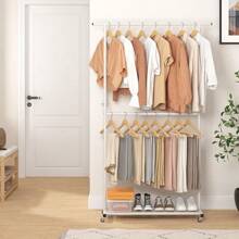 Perchero de ropa de doble barra, organizador de ropa rodante con ruedas para colgar ropa, fácil de montar, ajustable, blanco - Blanco - Ver 7