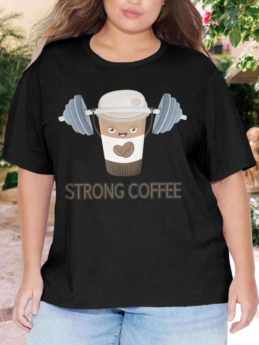 Strong Coffee Kawaii Charm Awesome Cartoon Puns Plus Size oversize women T-Shirt for Women - Negro - Ver 1