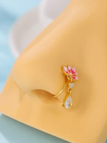 1 pezzo Orecchini a molletta in stile cinese in rame con zirconia a forma di goccia d'acqua a loto, design molletta-on, adatti per uso quotidiano da donna