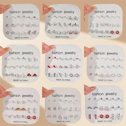 9对新款欧美跨境水钻珍珠心形迷你耳钉，适合日常佩戴和正式礼服