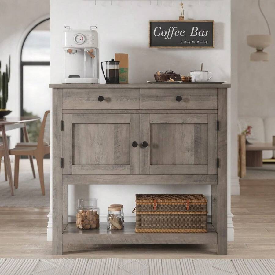 Farmhouse Console Table With 2-Door Cabinet & 2 Drawers, Coffee Bar, Entryway Table With Storage Shelf, Sofa Tables Buffet Sideboard For Kitchen, Hallway, Dining, Living Room, Ash Gray
