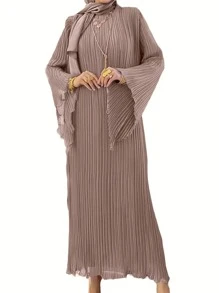 Women's Solid Color Pleated Abaya Dress, Modest
