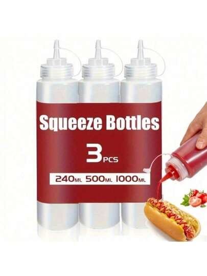 Frasco de silicone para condimentos de 3 peças - sem PVC, fácil de dispensar molhos, condimentos, xaropes - perfeito para cozinhas, churrascos, piqueniques, acampamentos