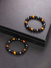 1pc Natural Triple Protection Health Bracelets For Men Women Black Obsidian Hematite Tiger Eye Beads Bracelets Men For Magnetic Soul Jewelry Black Obsidian Hematite Triple Protection Bracelet 10MM Beads Set Blue Tiger Eye Beads Stone Bracelets For Men Women