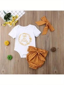 3Pcs Baby Girl Outfit Set Casual Letter Print Romper+Shorts+Headband Suits Infant Summer Clothes