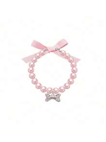 1 Piece Pink Dog And Cat Pearl Collar Necklace With Rhinestone Bone, Exquisite Cat Wedding Collar Jewelry, …Suitable For Girls Cat Puppy Accessories
