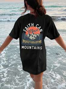 女士休闲圆领字母和植物印花短袖 T 恤，日常时尚百搭，夏季 - 黑色 - 查看 5