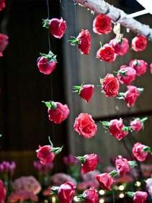 11pcs/Set Wedding Decor Hanging Red Rose, 10pcs Red Roses + 1pc 100m Transparent Line, For DIY Wedding Decor, Bridal Shower, Wedding Bouquet, Table Centerpiece And Ceiling Decor