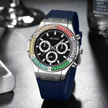 MSCXDK 4pcs/Set Top Brand Men's Quartz Watches, Conceptual Dial Design Silicone Strap Casual Military Sport Wristwatches With Jewelry Accessories Cross Necklace Bracelet Ring Set (No Box)