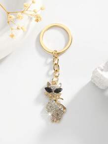 1 件时尚欧美水钻镶嵌猫形女士可爱钥匙扣包包饰品装饰 - 金色 - 查看 1