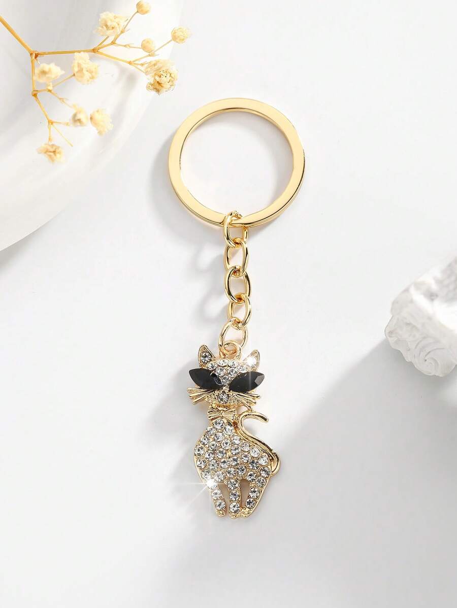 1 件时尚欧美水钻镶嵌猫形女士可爱钥匙扣包包饰品装饰 - 金色 - 查看 1