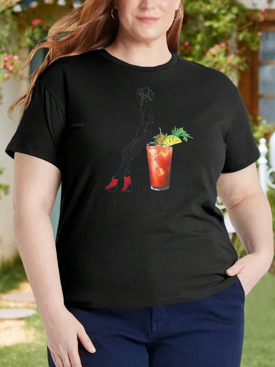 Bloody Mary Cocktail oversize women T-Shirt for Plus Size Ladies Vodka Contemporary Design - Negro - Ver 1