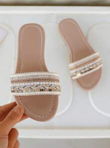 2025夏季新款女童亮片人字拖，平底，休闲，透气，轻便，舒适沙滩拖鞋 - 米色 - 查看 7